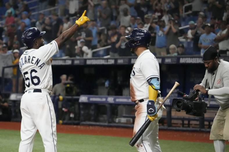 May 22, 2023; St. Petersburg, Florida, USA; Tampa Bay Rays left fielder Randy Arozarena (56) celebrates after hitting a home run against the Toronto Blue Jays during the sixth inning at Tropicana Field. Mandatory Credit: Dave Nelson-USA TODAY Sports