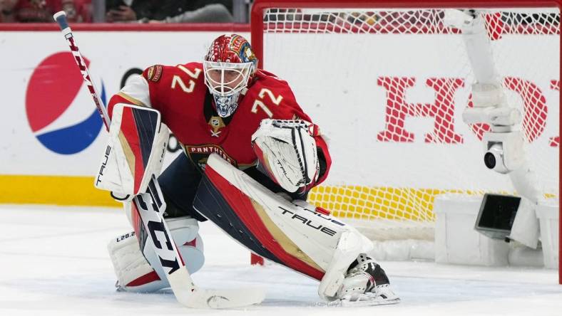 May 22, 2023; Sunrise, Florida, USA; Florida Panthers goaltender Sergei Bobrovsky (72) guards the net against the Carolina Hurricanes during the first period in game three of the Eastern Conference Finals of the 2023 Stanley Cup Playoffs at FLA Live Arena. Mandatory Credit: Jasen Vinlove-USA TODAY Sports