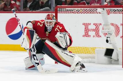 May 22, 2023; Sunrise, Florida, USA; Florida Panthers goaltender Sergei Bobrovsky (72) guards the net against the Carolina Hurricanes during the first period in game three of the Eastern Conference Finals of the 2023 Stanley Cup Playoffs at FLA Live Arena. Mandatory Credit: Jasen Vinlove-USA TODAY Sports