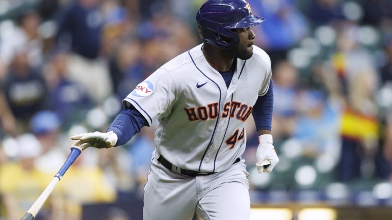 May 22, 2023; Milwaukee, Wisconsin, USA;  Houston Astros designated hitter Yordan Alvarez (44) watches his grand slam home run during the sixth inning against the Milwaukee Brewers at American Family Field. Mandatory Credit: Jeff Hanisch-USA TODAY Sports