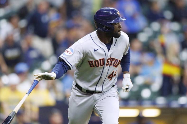 May 22, 2023; Milwaukee, Wisconsin, USA;  Houston Astros designated hitter Yordan Alvarez (44) watches his grand slam home run during the sixth inning against the Milwaukee Brewers at American Family Field. Mandatory Credit: Jeff Hanisch-USA TODAY Sports