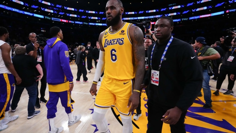 May 22, 2023; Los Angeles, California, USA; Los Angeles Lakers forward LeBron James (6) reacts to losing to the Denver Nuggets in game four of the Western Conference Finals for the 2023 NBA playoffs at Crypto.com Arena. Mandatory Credit: Kirby Lee-USA TODAY Sports