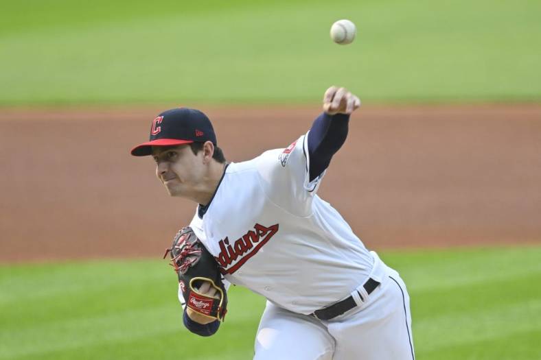 May 23, 2023; Cleveland, Ohio, USA; Cleveland Guardians starting pitcher Logan Allen (41) delivers a pitch in the first inning against the Chicago White Sox at Progressive Field. Mandatory Credit: David Richard-USA TODAY Sports