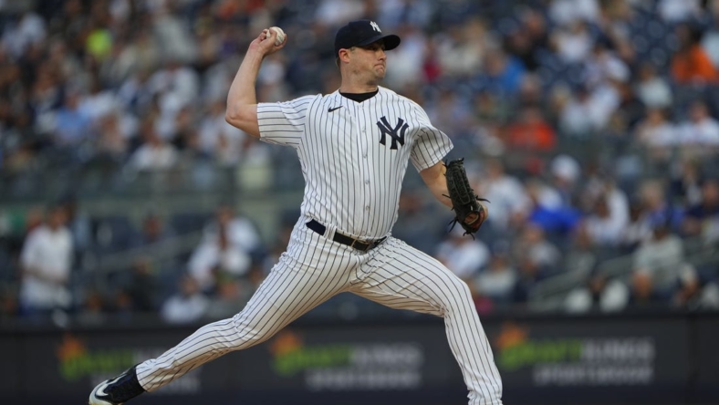 May 23, 2023; Bronx, New York, USA; New York Yankees pitcher Gerrit Cole (45) delivers a pitch against the Baltimore Orioles during the first inning at Yankee Stadium. Mandatory Credit: Gregory Fisher-USA TODAY Sports