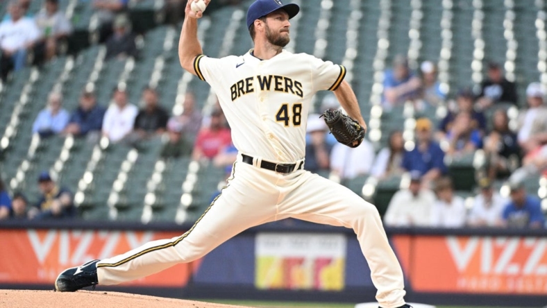 May 23, 2023; Milwaukee, Wisconsin, USA; Milwaukee Brewers starting pitcher Colin Rea (48) delivers a pitch against the Houston Astros in the first inning at American Family Field. Mandatory Credit: Michael McLoone-USA TODAY Sports