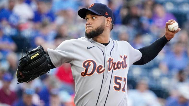 May 23, 2023; Kansas City, Missouri, USA; Detroit Tigers starting pitcher Eduardo Rodriguez (57) delivers a pitch against the Kansas City Royals in the first inning at Kauffman Stadium. Mandatory Credit: Denny Medley-USA TODAY Sports