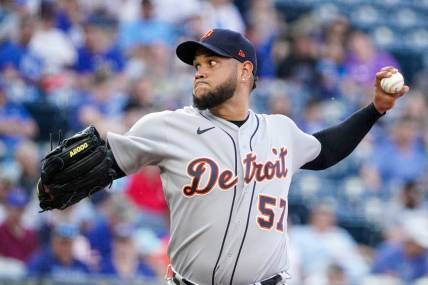 May 23, 2023; Kansas City, Missouri, USA; Detroit Tigers starting pitcher Eduardo Rodriguez (57) delivers a pitch against the Kansas City Royals in the first inning at Kauffman Stadium. Mandatory Credit: Denny Medley-USA TODAY Sports