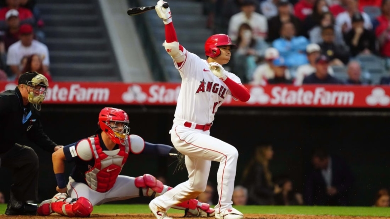 May 23, 2023; Anaheim, California, USA; Los Angeles Angels designated hitter Shohei Ohtani (17) bats against the Boston Red Sox in the third inning at Angel Stadium. Mandatory Credit: Kirby Lee-USA TODAY Sports
