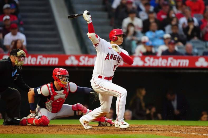 May 23, 2023; Anaheim, California, USA; Los Angeles Angels designated hitter Shohei Ohtani (17) bats against the Boston Red Sox in the third inning at Angel Stadium. Mandatory Credit: Kirby Lee-USA TODAY Sports