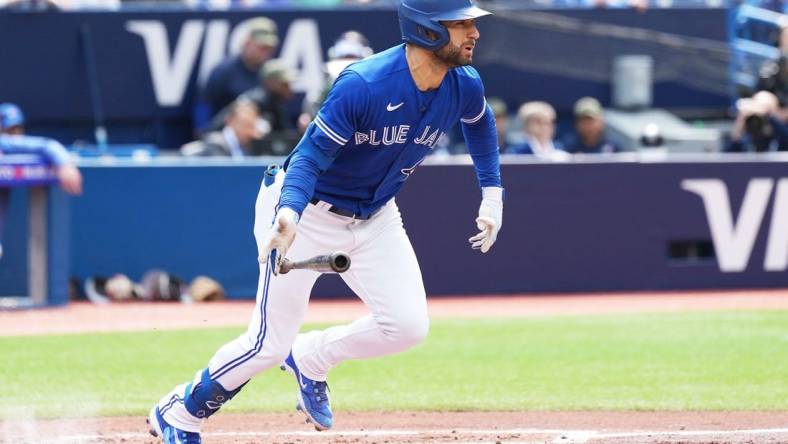 May 20, 2023; Toronto, Ontario, CAN; Toronto Blue Jays center fielder Kevin Kiermaier (39) reacts after hitting a ball against the Baltimore Orioles during the third inning at Rogers Centre. Mandatory Credit: Nick Turchiaro-USA TODAY Sports