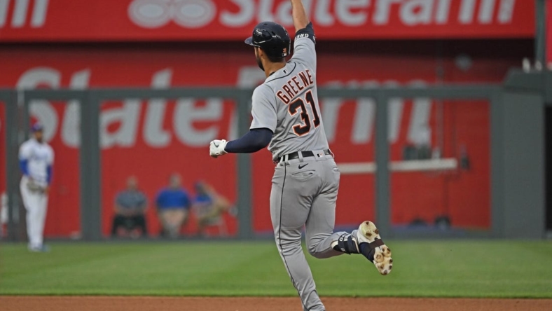 May 24, 2023; Kansas City, Missouri, USA; Detroit Tigers center fielder Riley Greene (31) rounds the bases after hitting a solo home run during the fourth inning against the Kansas City Royals at Kauffman Stadium. Mandatory Credit: Peter Aiken-USA TODAY Sports