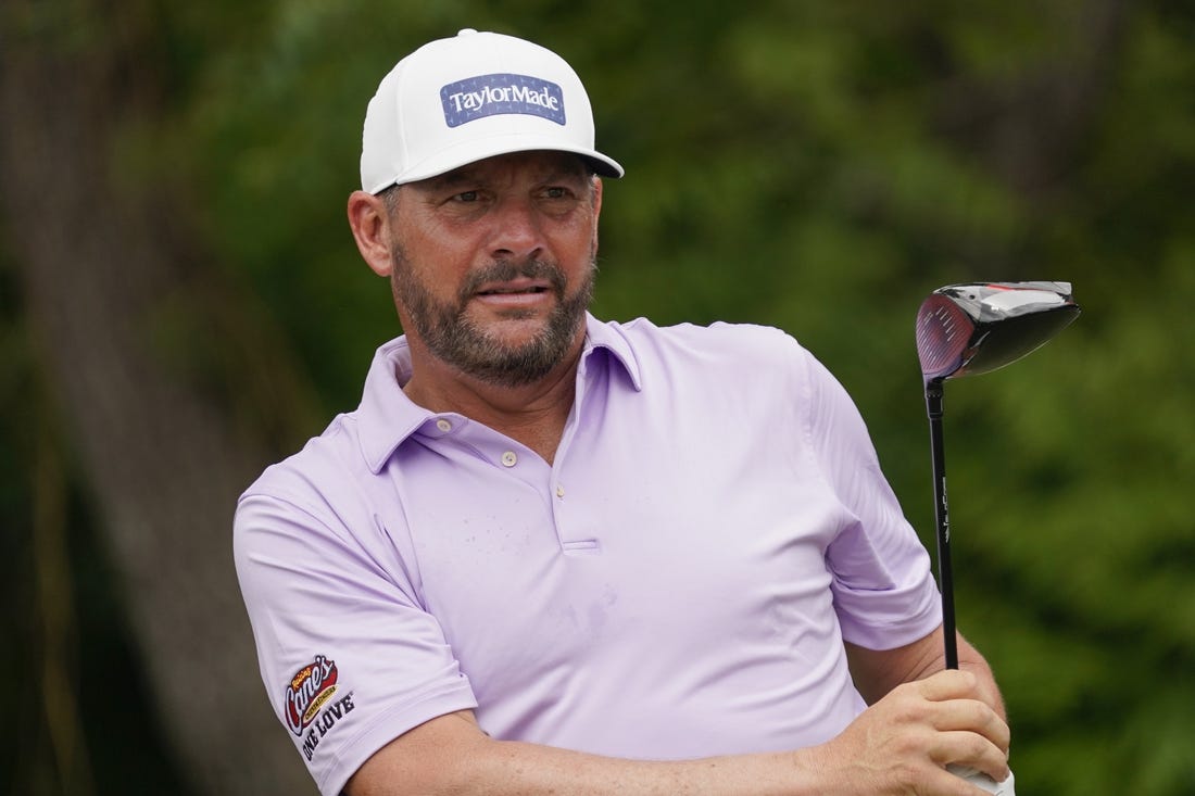 May 25, 2023; Fort Worth, Texas, USA; Michael Block watches his shot from the sixth tee during the first round of the Charles Schwab Challenge golf tournament. Mandatory Credit: Raymond Carlin III-USA TODAY Sports