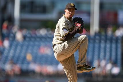 May 25, 2023; Washington, District of Columbia, USA; San Diego Padres starting pitcher Blake Snell (4) throws against the Washington Nationals during the first inning at Nationals Park. Mandatory Credit: Reggie Hildred-USA TODAY Sports