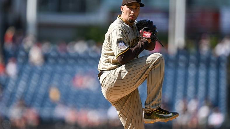 May 25, 2023; Washington, District of Columbia, USA; San Diego Padres starting pitcher Blake Snell (4) throws against the Washington Nationals during the first inning at Nationals Park. Mandatory Credit: Reggie Hildred-USA TODAY Sports