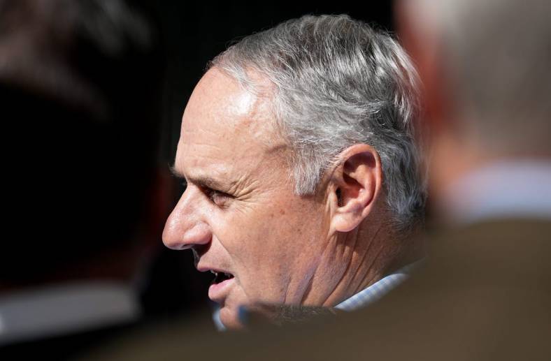 Major League Baseball commissioner Rob Manfred speaks to reporters before the Milwaukee Brewers game against the San Francisco Giants Thursday, May 25, 2023 at American Family Field in Milwaukee, Wis.