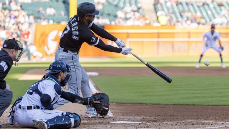 May 25, 2023; Detroit, Michigan, USA; Chicago White Sox shortstop Tim Anderson (7) hits an RBI single against the Detroit Tigers in the third inning at Comerica Park. Mandatory Credit: David Reginek-USA TODAY Sports