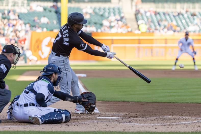 May 25, 2023; Detroit, Michigan, USA; Chicago White Sox shortstop Tim Anderson (7) hits an RBI single against the Detroit Tigers in the third inning at Comerica Park. Mandatory Credit: David Reginek-USA TODAY Sports