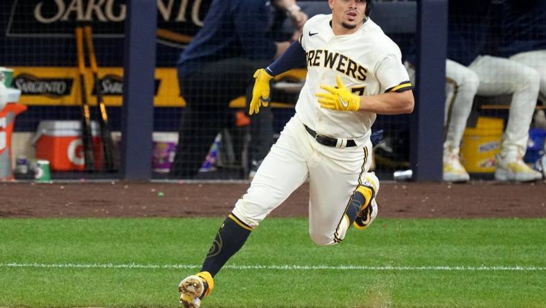 Milwaukee Brewers shortstop Willy Adames (27) watches his double during the fourth inning of their game against the San Francisco Giants Thursday, May 25, 2023 at American Family Field in Milwaukee, Wis.