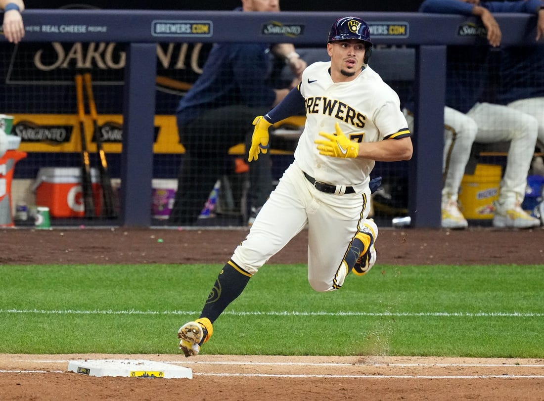 Milwaukee Brewers shortstop Willy Adames (27) watches his double during the fourth inning of their game against the San Francisco Giants Thursday, May 25, 2023 at American Family Field in Milwaukee, Wis.