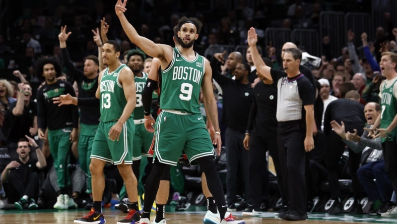 May 25, 2023; Boston, Massachusetts, USA; Boston Celtics guard Derrick White (9) reacts during the second quarter of game five against the Miami Heat in the Eastern Conference Finals for the 2023 NBA playoffs at TD Garden. Mandatory Credit: Winslow Townson-USA TODAY Sports