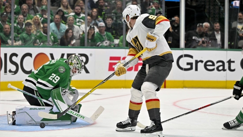 May 25, 2023; Dallas, Texas, USA; Dallas Stars goaltender Jake Oettinger (29) stops a breakaway shot by Vegas Golden Knights center Jack Eichel (9) during the second period in game four of the Western Conference Finals of the 2023 Stanley Cup Playoffs at American Airlines Center. Mandatory Credit: Jerome Miron-USA TODAY Sports