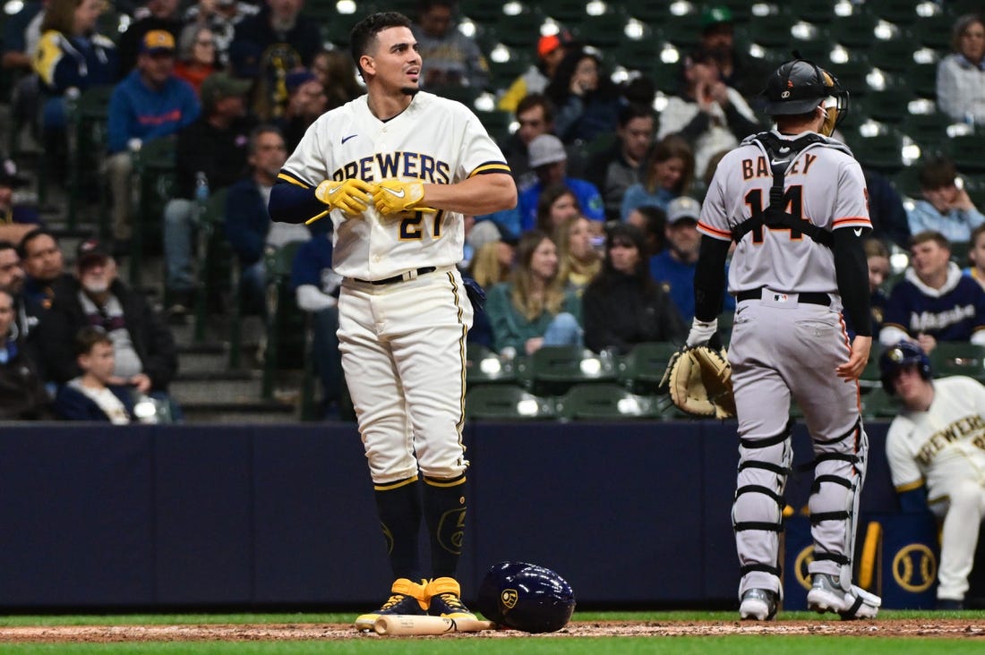 May 25, 2023; Milwaukee, Wisconsin, USA; Milwaukee Brewers shortstop Willy Adames (27) reacts after striking out in the sixth inning during game against the San Francisco Giants at American Family Field. Mandatory Credit: Benny Sieu-USA TODAY Sports