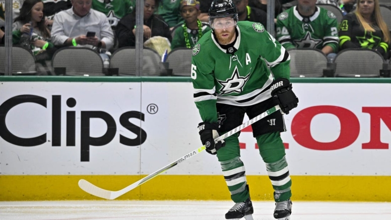 May 25, 2023; Dallas, Texas, USA; Dallas Stars center Joe Pavelski (16) looks for the puck in the Vegas Golden Knights zone during the third period in game four of the Western Conference Finals of the 2023 Stanley Cup Playoffs at American Airlines Center. Mandatory Credit: Jerome Miron-USA TODAY Sports