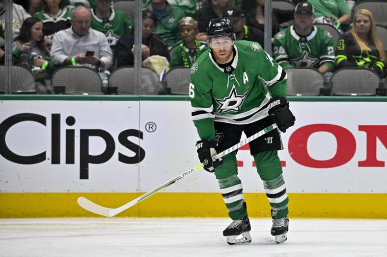 May 25, 2023; Dallas, Texas, USA; Dallas Stars center Joe Pavelski (16) looks for the puck in the Vegas Golden Knights zone during the third period in game four of the Western Conference Finals of the 2023 Stanley Cup Playoffs at American Airlines Center. Mandatory Credit: Jerome Miron-USA TODAY Sports