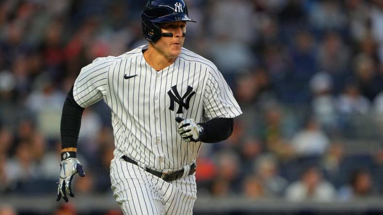 May 23, 2023; Bronx, New York, USA;  New York Yankees first baseman Anthony Rizzo (48) runs out a single against the Baltimore Orioles during the third inning at Yankee Stadium. Mandatory Credit: Gregory Fisher-USA TODAY Sports