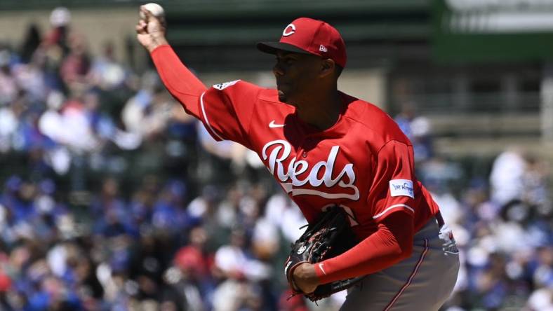 May 26, 2023; Chicago, Illinois, USA; Cincinnati Reds starting pitcher Hunter Greene (21) delivers against the Chicago Cubs during the first inning at Wrigley Field. Mandatory Credit: Matt Marton-USA TODAY Sports