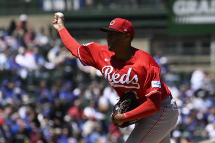 May 26, 2023; Chicago, Illinois, USA; Cincinnati Reds starting pitcher Hunter Greene (21) delivers against the Chicago Cubs during the first inning at Wrigley Field. Mandatory Credit: Matt Marton-USA TODAY Sports