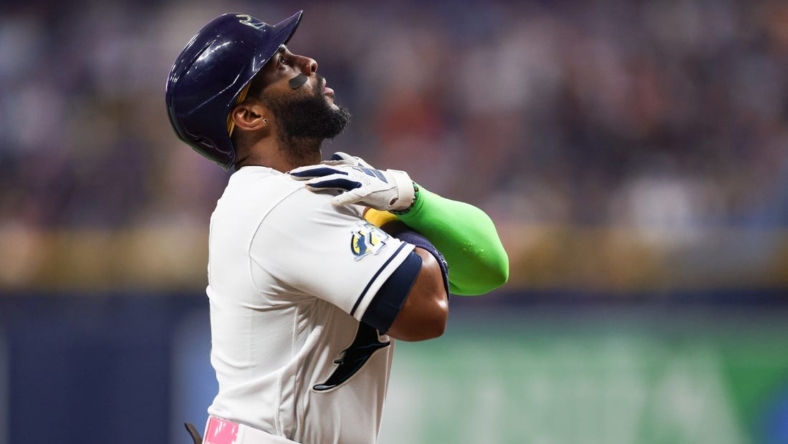 May 26, 2023; St. Petersburg, Florida, USA;  Tampa Bay Rays first baseman Yandy Diaz (2) celebrates after hitting a home run against the Los Angeles Dodgers in the fourth inning at Tropicana Field. Mandatory Credit: Nathan Ray Seebeck-USA TODAY Sports