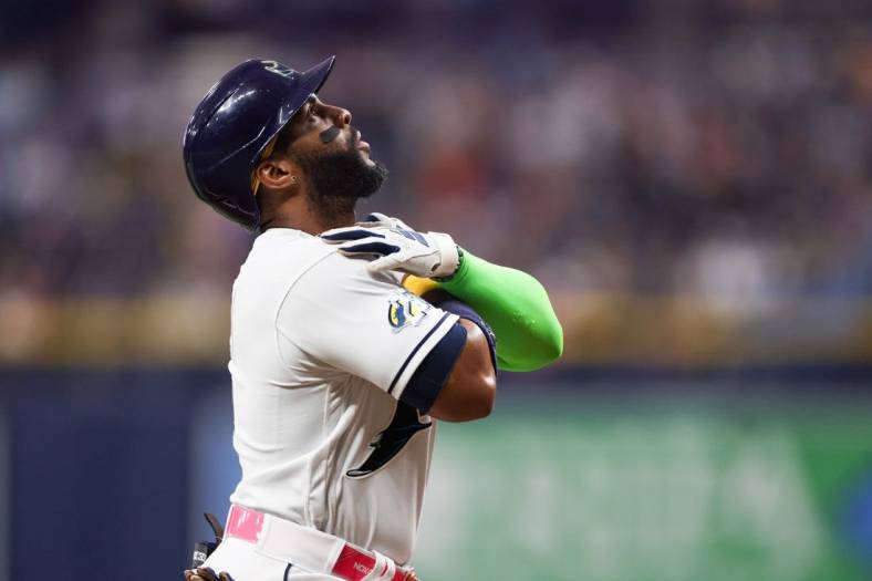 May 26, 2023; St. Petersburg, Florida, USA;  Tampa Bay Rays first baseman Yandy Diaz (2) celebrates after hitting a home run against the Los Angeles Dodgers in the fourth inning at Tropicana Field. Mandatory Credit: Nathan Ray Seebeck-USA TODAY Sports