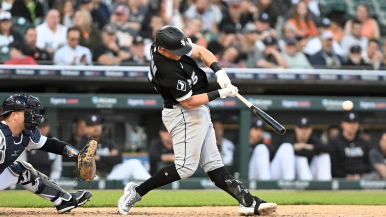 May 26, 2023; Detroit, Michigan, USA; Chicago White Sox first baseman Andrew Vaughn (25) hits a two-run home run against the Detroit Tigers in the fifth inning at Comerica Park. Mandatory Credit: Lon Horwedel-USA TODAY Sports