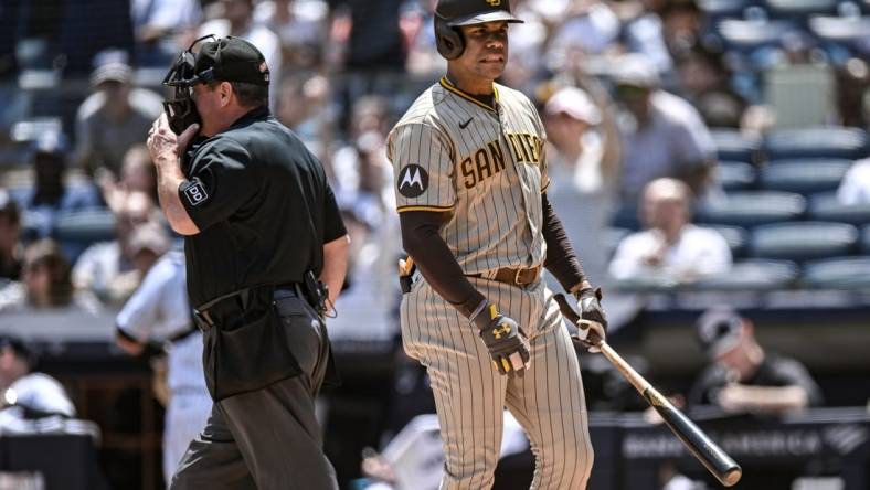 May 27, 2023; Bronx, New York, USA; San Diego Padres left fielder Juan Soto (22) reacts after striking out against the New York Yankees during the first inning at Yankee Stadium. Mandatory Credit: John Jones-USA TODAY Sports