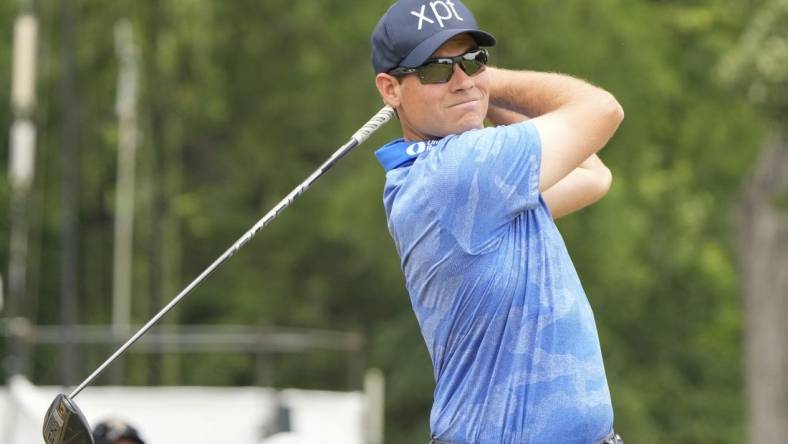 May 27, 2023; Fort Worth, Texas, USA; Adam Schenk plays his shot from the third tee during the third round of the Charles Schwab Challenge golf tournament. Mandatory Credit: Jim Cowsert-USA TODAY Sports