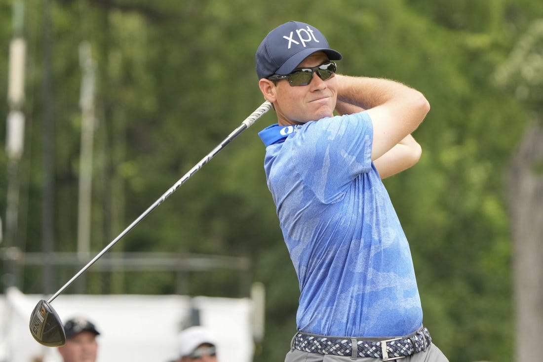 May 27, 2023; Fort Worth, Texas, USA; Adam Schenk plays his shot from the third tee during the third round of the Charles Schwab Challenge golf tournament. Mandatory Credit: Jim Cowsert-USA TODAY Sports