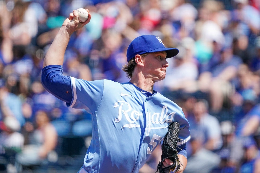 May 27, 2023; Kansas City, Missouri, USA; Kansas City Royals starting pitcher Brady Singer (51) delivers a pitch against the Washington Nationals in the first inning at Kauffman Stadium. Mandatory Credit: Denny Medley-USA TODAY Sports