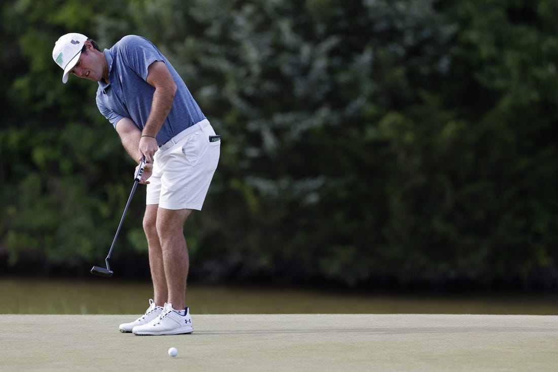 May 27, 2023; Potomac Falls, Virginia, USA; Mito Pereira putts on the eighteenth green during the second round of LIV Golf Washington, D.C. golf tournament at Trump National. Mandatory Credit: Geoff Burke-USA TODAY Sports