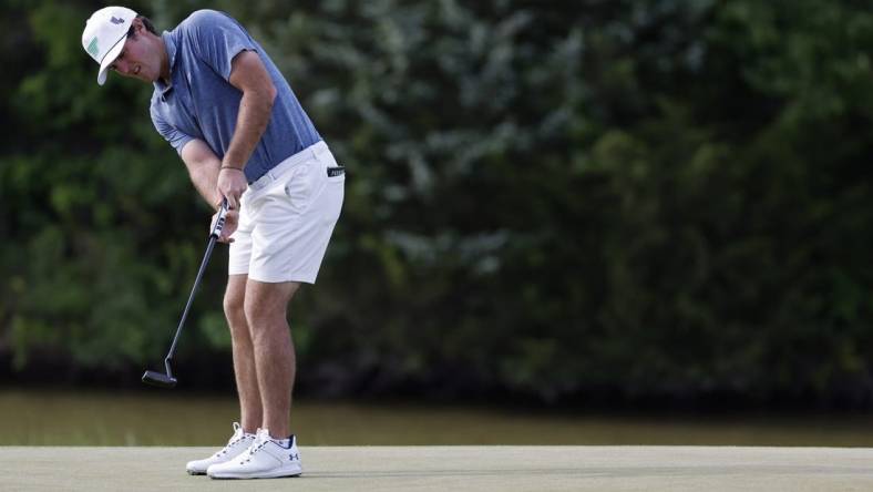 May 27, 2023; Potomac Falls, Virginia, USA; Mito Pereira putts on the eighteenth green during the second round of LIV Golf Washington, D.C. golf tournament at Trump National. Mandatory Credit: Geoff Burke-USA TODAY Sports