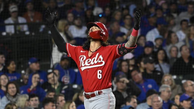 May 27, 2023; Chicago, Illinois, USA;  Cincinnati Reds second baseman Jonathan India (6) reacts after hitting a two run home run against the Chicago Cubs during the seventh inning at Wrigley Field. Mandatory Credit: Matt Marton-USA TODAY Sports