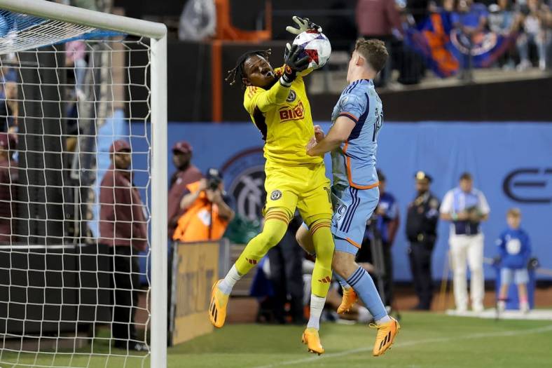May 27, 2023; Flushing, New York, USA; Philadelphia Union goalkeeper Andre Blake (18) makes a save against New York City FC forward Gabriel Segal (19) during the second half at Citi Field. Mandatory Credit: Brad Penner-USA TODAY Sports