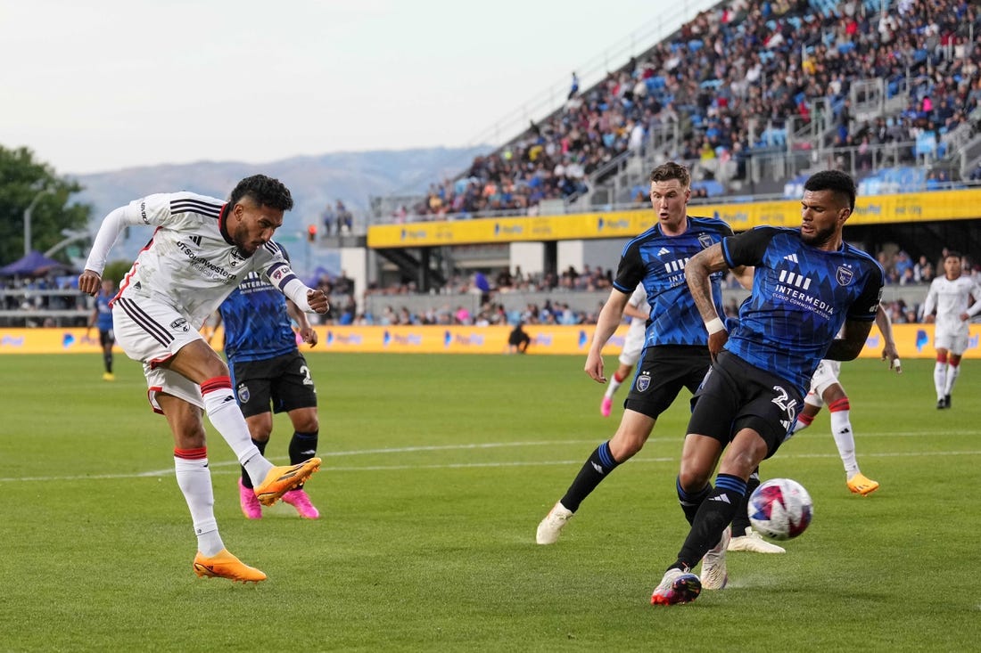 May 27, 2023; San Jose, California, USA; FC FC Dallas forward Jesus Ferreira (10) kicks the ball against the San Jose Earthquakes during the first half at PayPal Park. Mandatory Credit: Darren Yamashita-USA TODAY Sports