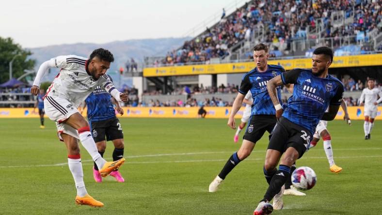 May 27, 2023; San Jose, California, USA; FC FC Dallas forward Jesus Ferreira (10) kicks the ball against the San Jose Earthquakes during the first half at PayPal Park. Mandatory Credit: Darren Yamashita-USA TODAY Sports