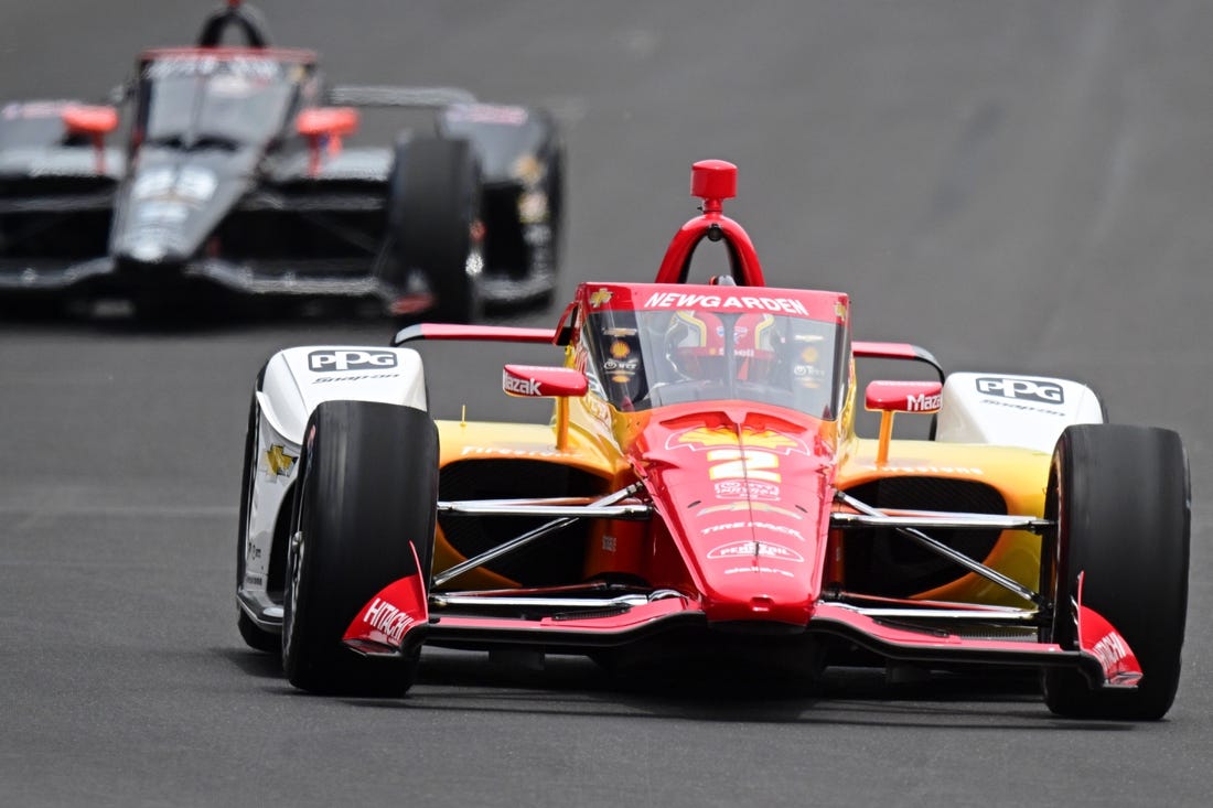 May 28, 2023; Indianapolis, Indiana, USA; Team Penske driver Josef Newgarden (2) in the first turn during the 107th running of the Indianapolis 500 at Indianapolis Motor Speedway. Mandatory Credit: Marc Lebryk-USA TODAY Sports