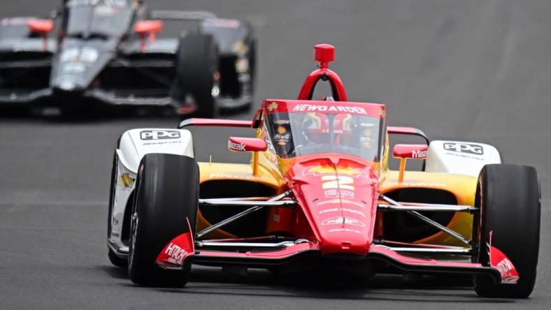 May 28, 2023; Indianapolis, Indiana, USA; Team Penske driver Josef Newgarden (2) in the first turn during the 107th running of the Indianapolis 500 at Indianapolis Motor Speedway. Mandatory Credit: Marc Lebryk-USA TODAY Sports