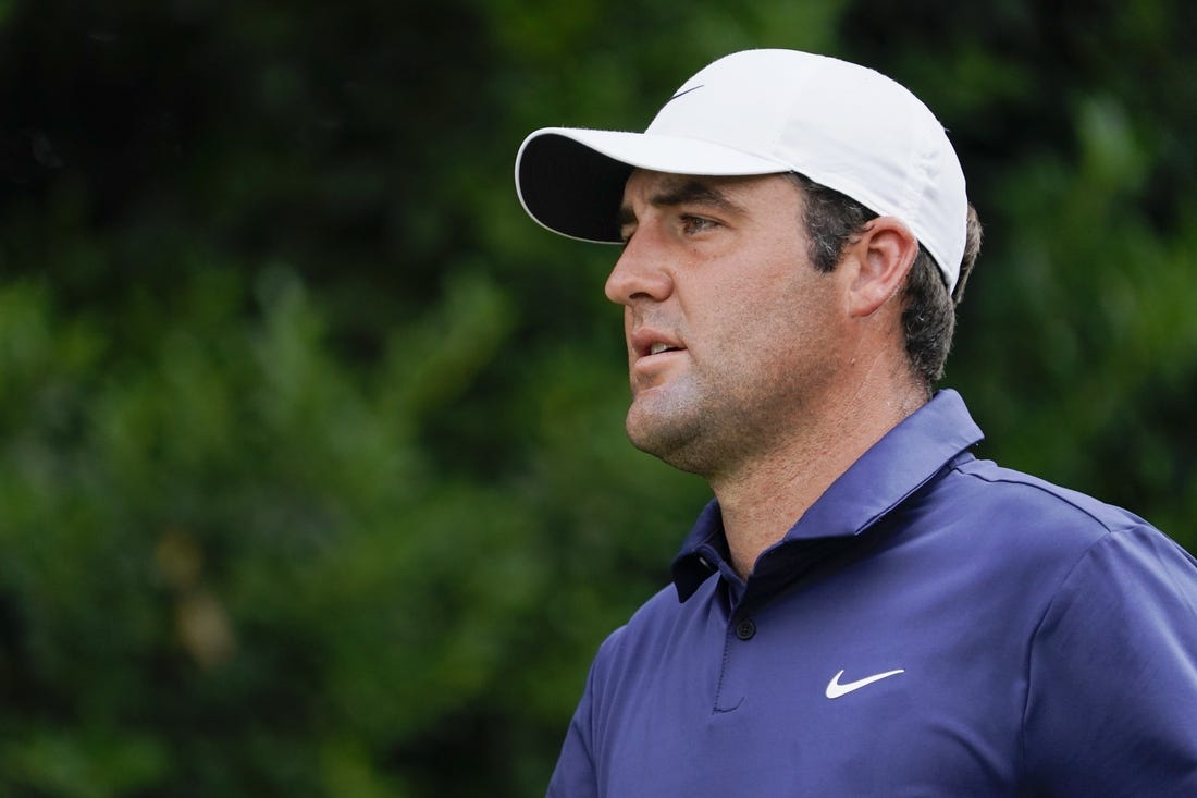 May 28, 2023; Fort Worth, Texas, USA; Scottie Scheffler walks from the second tee during the final round of the Charles Schwab Challenge golf tournament. Mandatory Credit: Raymond Carlin III-USA TODAY Sports