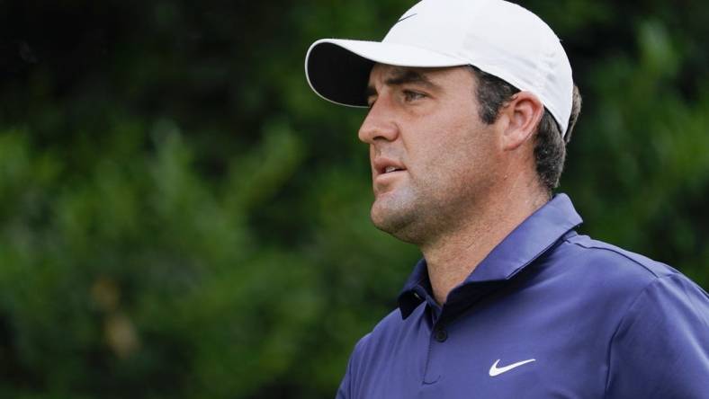 May 28, 2023; Fort Worth, Texas, USA; Scottie Scheffler walks from the second tee during the final round of the Charles Schwab Challenge golf tournament. Mandatory Credit: Raymond Carlin III-USA TODAY Sports