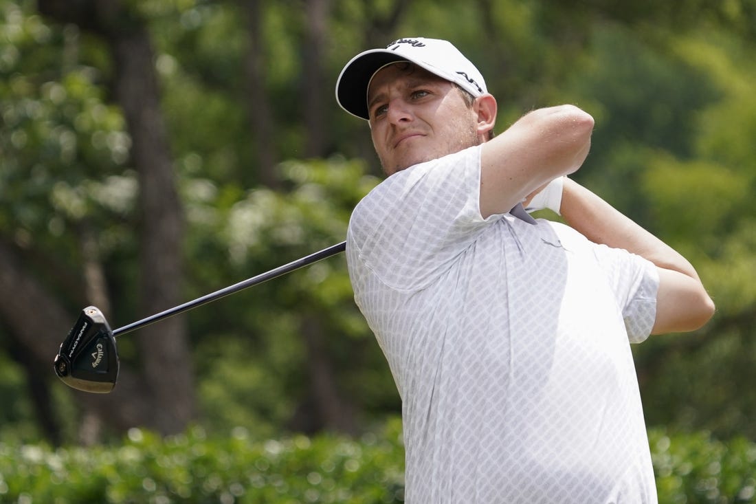 May 28, 2023; Fort Worth, Texas, USA; Emiliano Grillo plays his shot from the second tee during the final round of the Charles Schwab Challenge golf tournament. Mandatory Credit: Raymond Carlin III-USA TODAY Sports