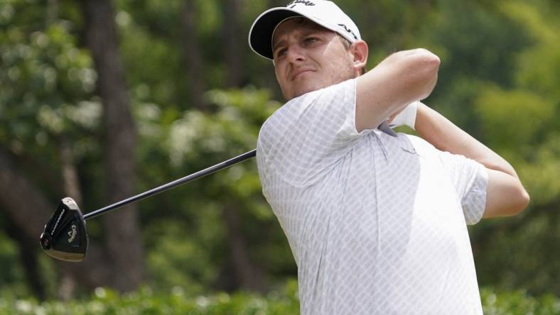 May 28, 2023; Fort Worth, Texas, USA; Emiliano Grillo plays his shot from the second tee during the final round of the Charles Schwab Challenge golf tournament. Mandatory Credit: Raymond Carlin III-USA TODAY Sports